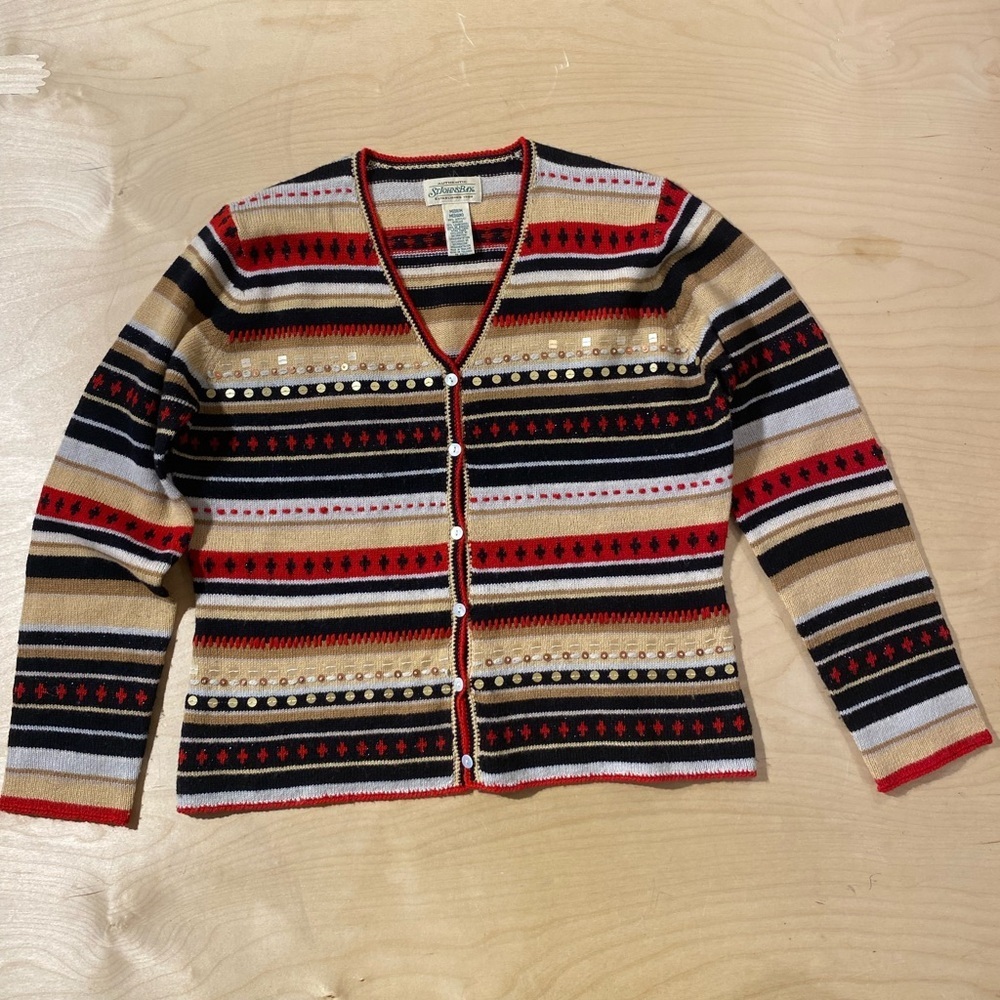 St. John's Bay Red and Tan Striped Cardigan Medium (QL)